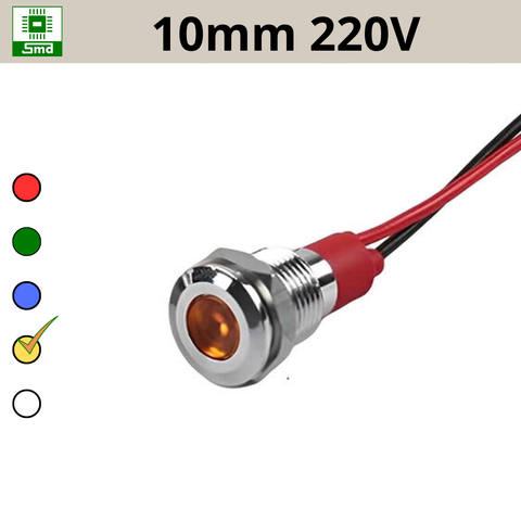 (10mm 220V) Đèn led báo nguồn chống nước IP67 vỏ kim loại 220V Các màu Đỏ, Xanh Lá, Xanh Dương, Vàng ,Trắng