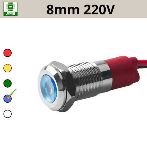 (8mm 220V) Đèn led báo nguồn chống nước IP67 vỏ kim loại 220V Các màu Đỏ, Xanh Lá, Xanh Dương, Vàng ,Trắng