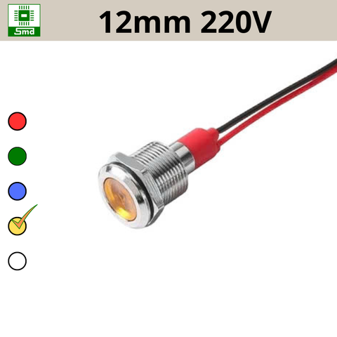 (12mm 220V) Đèn led báo nguồn chống nước IP67 vỏ kim loại 220V Các màu Đỏ, Xanh Lá, Xanh Dương, Vàng ,Trắng