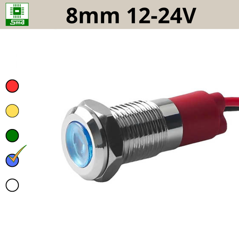 (8mm 12-24V) Đèn led báo nguồn chống nước IP67 vỏ kim loại 12-24V Các màu Đỏ, Xanh Lá, Xanh Dương, Vàng ,Trắng