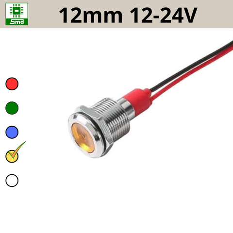 (12mm 12-24V) Đèn led báo nguồn chống nước IP67 vỏ kim loại 12-24V Các màu Đỏ, Xanh Lá, Xanh Dương, Vàng ,Trắng