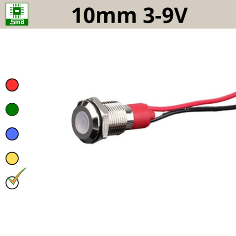 (10mm 3-9V) Đèn led báo nguồn chống nước IP67 vỏ kim loại 3-9V Các màu Đỏ, Xanh Lá, Xanh Dương, Vàng ,Trắng