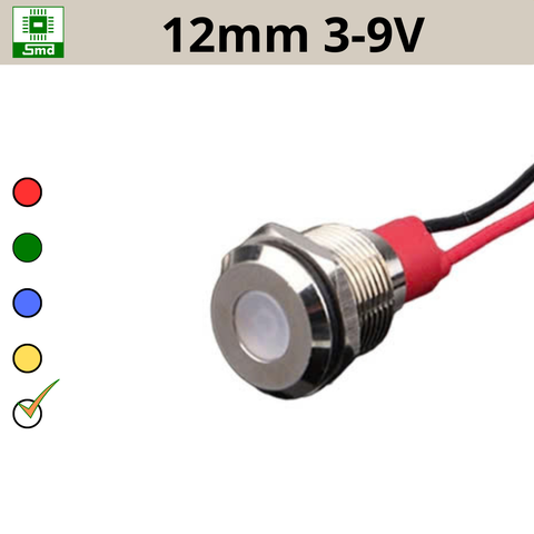 (12mm 3-9V) Đèn led báo nguồn chống nước IP67 vỏ kim loại 3-9V Các màu Đỏ, Xanh Lá, Xanh Dương, Vàng ,Trắng
