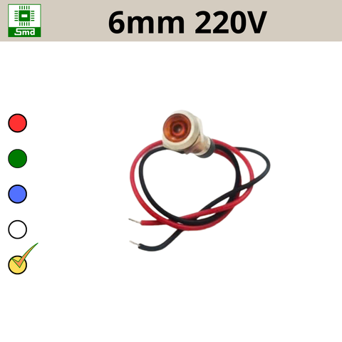 (6mm 220V) Đèn led báo nguồn chống nước IP67 vỏ kim loại 220V Các màu Đỏ, Xanh Lá, Xanh Dương, Vàng ,Trắng