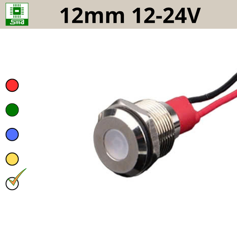 (12mm 12-24V) Đèn led báo nguồn chống nước IP67 vỏ kim loại 12-24V Các màu Đỏ, Xanh Lá, Xanh Dương, Vàng ,Trắng