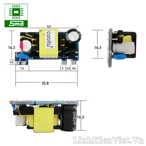 Module nguồn xung mini AC-DC 10W 36x16mm