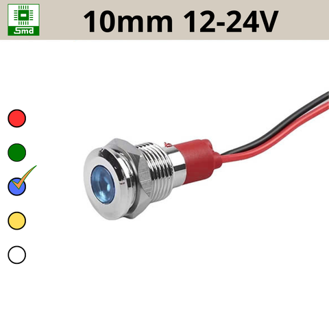 (10mm 12-24V) Đèn led báo nguồn chống nước IP67 vỏ kim loại 12-24V Các màu Đỏ, Xanh Lá, Xanh Dương, Vàng ,Trắng
