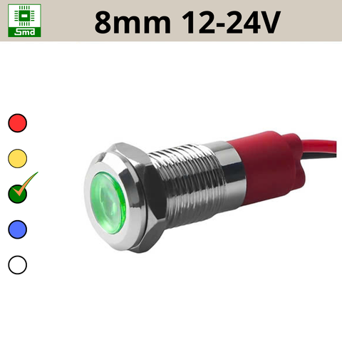 (8mm 12-24V) Đèn led báo nguồn chống nước IP67 vỏ kim loại 12-24V Các màu Đỏ, Xanh Lá, Xanh Dương, Vàng ,Trắng