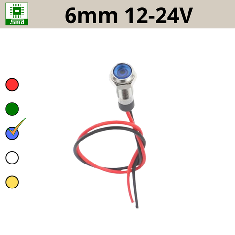 (6mm 12-24V) Đèn led báo nguồn chống nước IP67 vỏ kim loại 12-24V Các màu Đỏ, Xanh Lá, Xanh Dương, Vàng ,Trắng