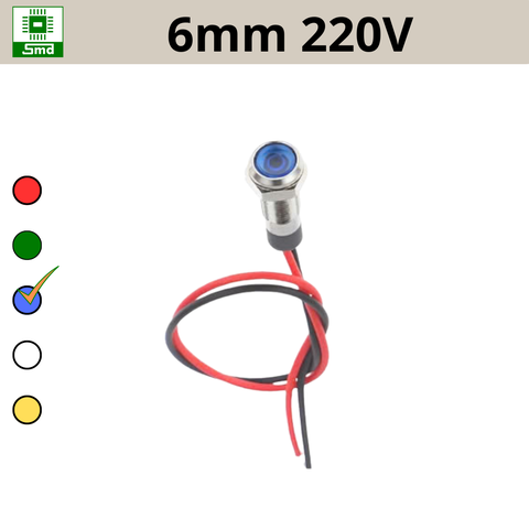 (6mm 220V) Đèn led báo nguồn chống nước IP67 vỏ kim loại 220V Các màu Đỏ, Xanh Lá, Xanh Dương, Vàng ,Trắng