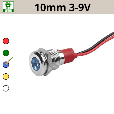 (10mm 3-9V) Đèn led báo nguồn chống nước IP67 vỏ kim loại 3-9V Các màu Đỏ, Xanh Lá, Xanh Dương, Vàng ,Trắng