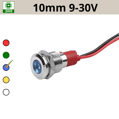 (10mm 9-30V) Đèn led báo nguồn chống nước IP67 vỏ kim loại 9-30V Các màu Đỏ, Xanh Lá, Xanh Dương, Vàng ,Trắng