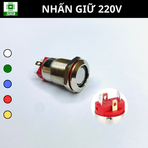 (Led 220V) Công tắc nhấn Giữ Chống nước 12mm Led Viền Tròn Đầu Bằng Vỏ kim loại Inox 304 Cao cấp Đèn led các màu đỏ xanh trắng