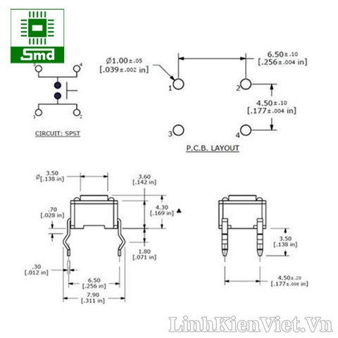 Phím bấm 4 chân 6x6x5mm DIP (Mũ đỏ)