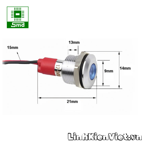 (12mm 220V) Đèn led báo nguồn chống nước IP67 vỏ kim loại 220V Các màu Đỏ, Xanh Lá, Xanh Dương, Vàng ,Trắng