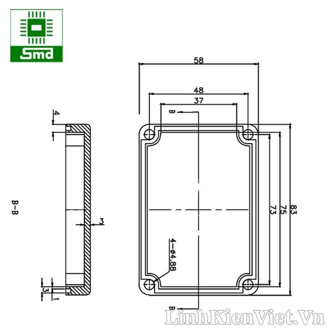 Hộp nhựa nắp trong 85x58x33mm có tai