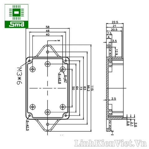 Hộp nhựa nắp trong 85x58x33mm có tai