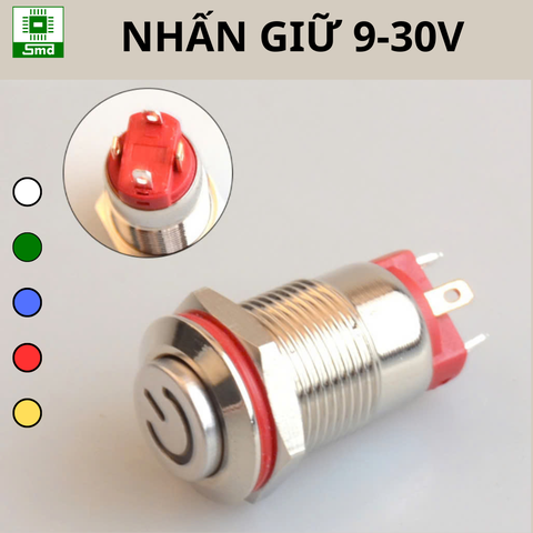 (Led 9-30V) Công tắc nhấn Giữ Chống nước 12mm Biểu Tượng Power Cao Vỏ kim loại Inox 304 Cao cấp Đèn led các màu đỏ xanh trắng