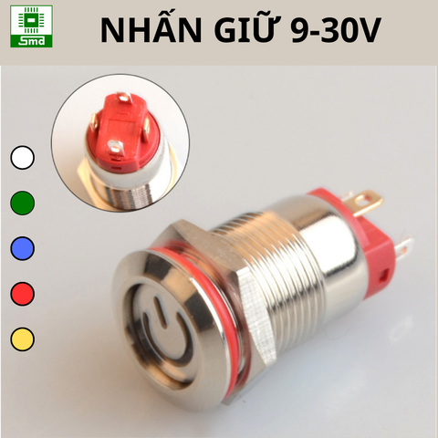(Led 9-30V) Công tắc nhấn Giữ Chống nước 12mm Biểu Tượng Power Đầu Bằng Vỏ kim loại Inox 304 Cao cấp Đèn led các màu đỏ xanh trắng