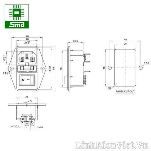 Chân nguồn AC-01 (Có đế cầu chì + công tắc)