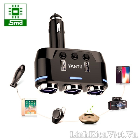 Bộ chia tẩu sạc ô tô 2 đầu ra + 2 cổng USB sạc nhanh QC 3.0 hiển thị điện áp YANTU B39