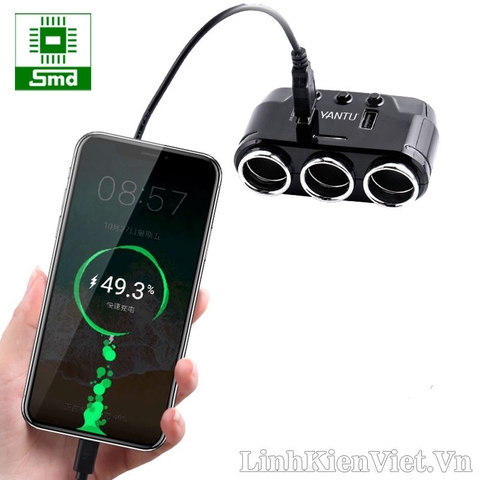 Bộ chia tẩu sạc ô tô 2 đầu ra + 2 cổng USB sạc nhanh QC 3.0 hiển thị điện áp YANTU B39