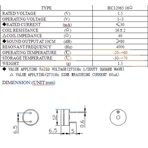 Còi chíp không ic 3V 16R 12x6.5mm (12065)
