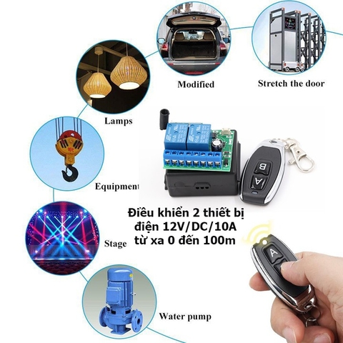 Bộ Điều khiển RF 2 Relay 10A + tay phát AB Công tắc điều khiển từ xa RF 10A,12V 2 kênh 433 MHz