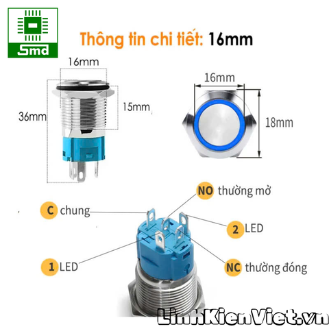 (Led 9-30V) Công tắc nhấn giữ Chống nước 16mm Led Viền Tròn Vỏ kim loại Inox 304 Cao cấp Đèn led các màu đỏ xanh trắng