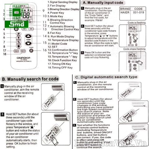 Điều khiển điều hòa đa năng Chunghop K-100ES