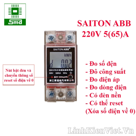 Công tơ điện tử SAITON ABB 5(65)A DDS1278-D1 đo công suất điện năng tiêu thụ có reset