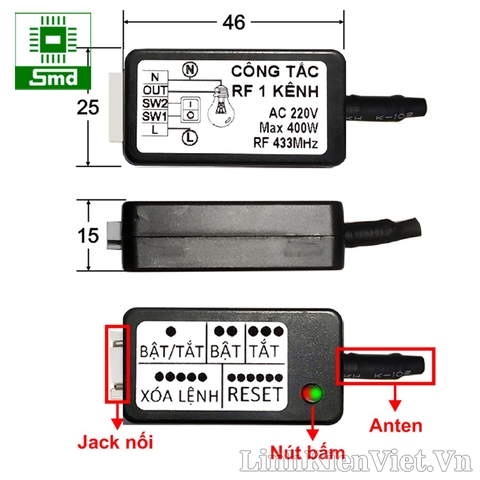 Bộ điều khiển thiết bị 1 kênh RF 433 220V + Công tắc 1 nút Trắng