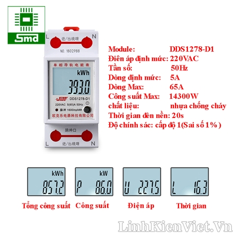 Công tơ điện tử 1 pha 220VAC 50Hz 1600imp/kWh - 5(65)A hiển thị điện áp-công suất