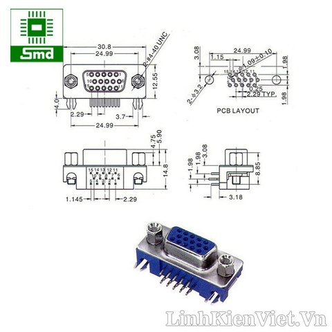 VGA DB15 cái cong (3 hàng chân)