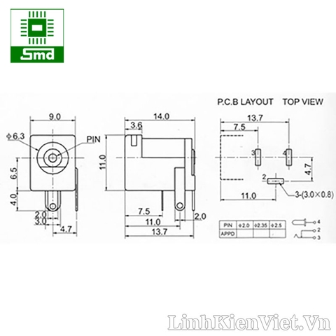 Chân nguồn DC cái 5.5x2.1mm (DC005)