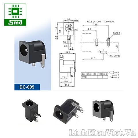 Chân nguồn DC cái 5.5x2.1mm (DC005)