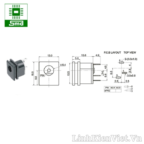 Chân nguồn DC 5.5x2.1mm (DC015)