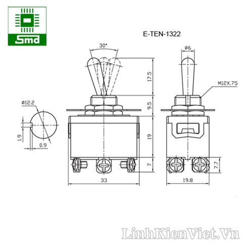 E-TEN1322 Công tắc gạt đảo chiều động cơ 6 Chân 250VAC-15A