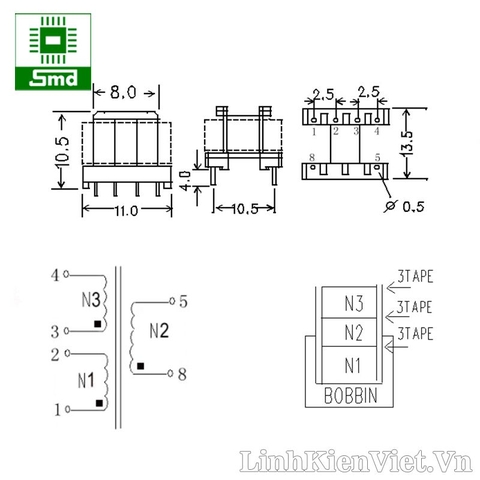 Biến áp xung EE10-Q8 5VDC-450mA