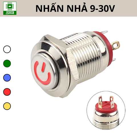 (Led 9-30V) Nút nhấn nhả Chống nước 12mm Biểu tượng Power Đầu Cao Vỏ kim loại Inox 304 Cao cấp Đèn led các màu đỏ xanh trắng