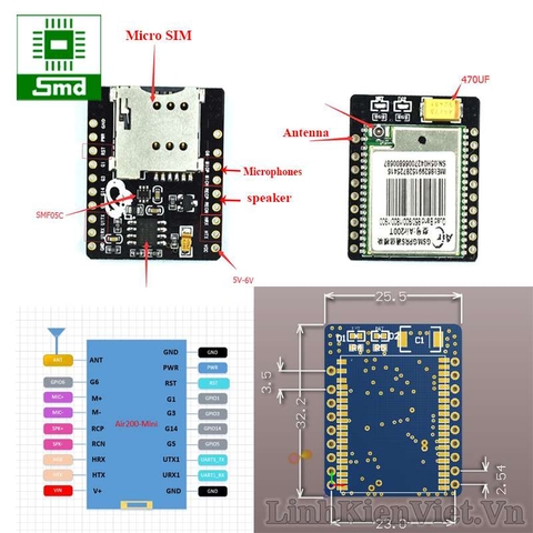 Module Sim Air200 Quad-band GSM GPRS LuAT STM32 microSIM