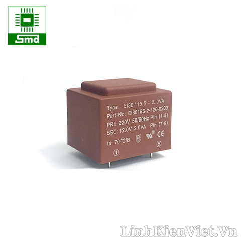 Biến áp 220V-12V 2W có chân hàn PCB