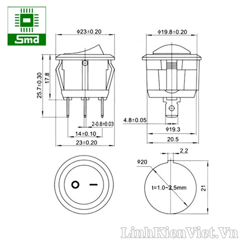 Công tắc bập bênh KCD1-105-3P Có đèn (Tròn 20mm)