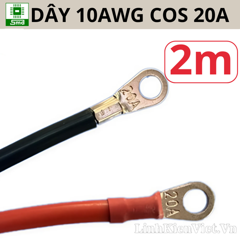 (Dài 2m)Dây Silicon 10AWG Bấm cos OT20A 2 đầu dài màu đỏ/đen dài 2m