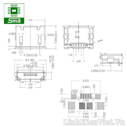 Chân micro USB SMD loại 2 (Chân cái)