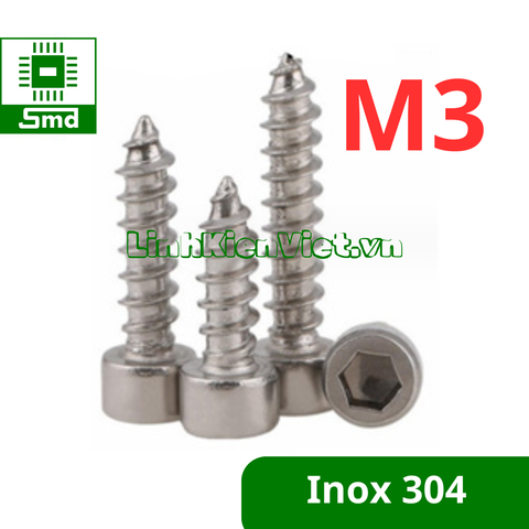 Gói 10c - Đinh vít lục giác đầu trụ chìm (mũi nhọn) inox 304 cỡ M3