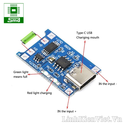 Module sạc và bảo vệ pin Lithium TP4056 1A (Type-C)