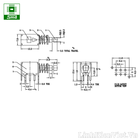 Công tắc nhấn A03-03 6 chân (Nhấn nhả)