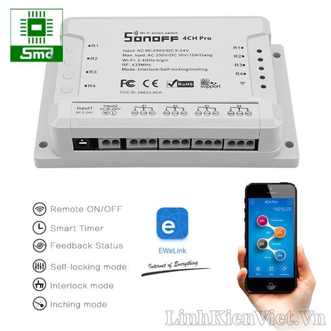 Công tắc thông minh SONOFF 4CH PRO R2 điều khiển từ xa qua WiFi và RF 4 kênh