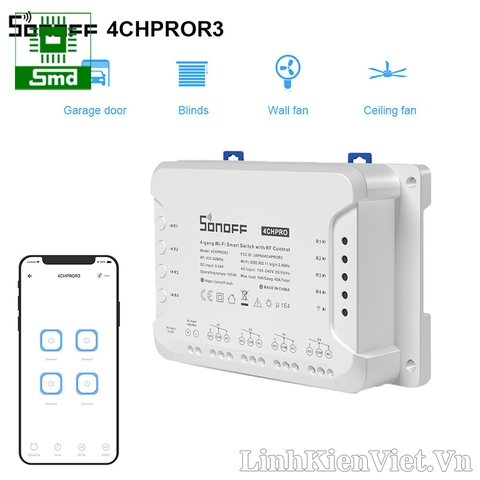 Công tắc thông minh SONOFF 4CH PRO R3 điều khiển từ xa qua WiFi và RF 4 kênh